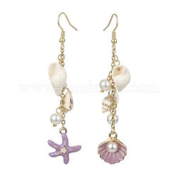 Boucles d'oreilles pendantes étoile de mer en alliage émaillé, boucles d'oreilles asymétriques shell pearll & shell, Prune, 77x17mm