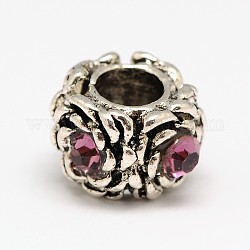 Antique Silver Zinc Alloy Rhinestone European Beads, Rondelle with Flower, Light Rose, 9x12mm, Hole: 5mm
