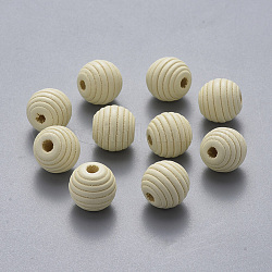 Painted Natural Wood Beehive Beads, Round, Creamy White, 12x11mm, Hole: 3.5mm