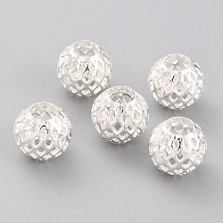 Perles de laiton creuses plaquées de longue durée, perles en filigrane, ronde, 925 argent sterling plaqué, 9.5x9mm, Trou: 4.5mm