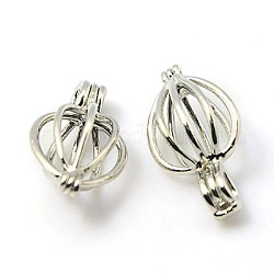 Brass Cage Pendant, teardrop, Nickel Free, Platinum Color, about 24mm long, 13mm wide, 1.5mm thick, hole: 3mm