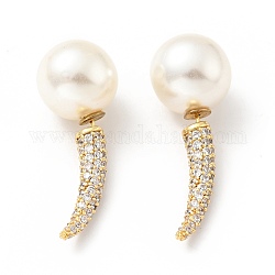 Corno di zirconi chiari con orecchini a bottone con perla acrilica davanti e dietro, gioielli in ottone per le donne,  cadmio& piombo libero, oro, 36x13mm, ago :0.7mm