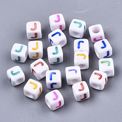 Opaque White Acrylic Beads, with Enamel, Horizontal Hole, Cube with Mixed Color Letter, Letter.J, 6x6x6mm, Hole: 3mm, about 2900pcs/500g