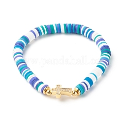 Polymer Clay Heishi Beads Stretch Bracelet for Women, Cross Cubic Zirconia Link Bracelet, Golden, Deep Sky Blue, Inner Diameter: 2-1/4 inch(5.6cm)
