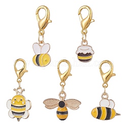 Decorazioni pendenti in lega di smalto, con chiusure moschettone, per portachiavi, borsa, ornamento dello zaino, api, giallo, 30~40mm, 5 pc / set
