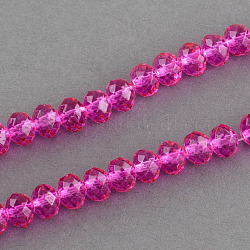 Fili di perline in vetro verniciatura a spruzzo, sfaccettato, rondelle, rosa caldo, 6x5mm, Foro: 1 mm, circa 87~90pcs/filo, 18.8 pollice