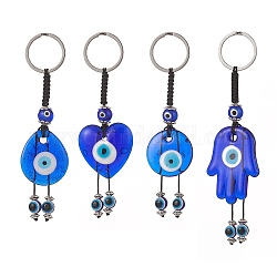 Porte-clés pendentif au chalumeau fait à la main, 304 porte-clés en acier inoxydable avec mauvais œil en résine, larme & coeur & ronde & hamsa main, bleu moyen, 11.65 cm, 4 pièces / kit