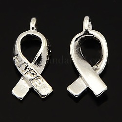 Breast Cancer Awareness Ribbon Carved Word Hope Tibetan Silver Message Pendants, Silver Color Plated, Lead Free & Cadmium Free, 18x7.5x3mm, Hole: 1mm