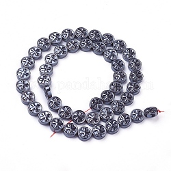 Chapelets de perles en hématite synthétique sans magnétiques, plat et circulaire avec croix, 8.5x3.5~4mm, Trou: 1.2mm, Environ 50 pcs/chapelet, 16.1 pouce (41 m)