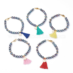 Natural Baroque Pearl Keshi Pearl, Cultured Freshwater Pearl Beads Charm Bracelets, with Cotton Thread Tassels, Brass Om Symbol Charms and Cardboard Box, Mixed Color, 7-5/8 inch~7-7/8 inch(19.5~20cm)