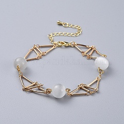 (Schmuckpartys im Fabrikverkauf) Messing-Gliederkettenarmbänder, mit Katzenaugen perlen, weiß, 7-5/8 Zoll (19.3 cm)
