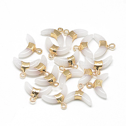 Giada pendenti bianchi naturali, con accessori di ottone, tinto, doppio corno / mezzaluna, oro, 12x16x4mm, Foro: 1.5 mm