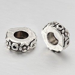 Legierungs-europäische Perlen mit großem Loch, flach rund mit Blume, Antik Silber Farbe, 10x3.5 mm, Bohrung: 6 mm