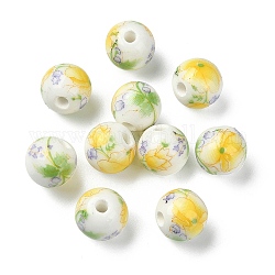 Perle tonde in porcellana fatti a mano a stampa, con motivo floreale, giallo, 10mm, Foro: 2 mm