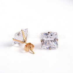 Square Cubic Zirconia Stud Earrings, with Golden Plated 304 Stainless Steel Pins, Clear, 3.5x3mm, Pin: 0.9mm