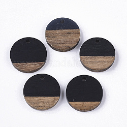 Pendenti in resina e legno di noce, rotondo e piatto, nero, 18x3.5mm, Foro: 1.5 mm