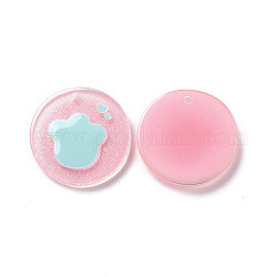 Ciondoli acrilico, con smalto e polvere glitterata, tondo piatto con motivo a zampa, perla rosa, 19.5x2mm, Foro: 1.5 mm