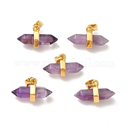 Natural Amethyst Double Terminal Pointed Pendants, Faceted Bullet Charm, with Ion Plating(IP) Golden Plated Brass Findings, 9x15~17x7.5mm, Hole: 3.5x2.5mm