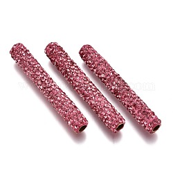 Tubo cuentas rhinestone arcilla polimérica, con fornituras de latón, rosa, 35~35.5x5~5.5mm, agujero: 2.5 mm
