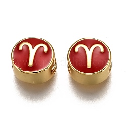 Perline in ottone, con smalto, rotonda e piatta con costellazione, vero placcato oro 18k, rosso, Ariete, 10x5mm, Foro: 4.5x2.5 mm