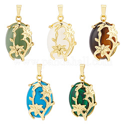 PH PandaHall 5pcs Natural Stone Pendants Wire Wrapped Gemstone Pendants Oval Gemstone Charms Natural Stone Charms with Golden Flower for Jewelry Necklace Bracelet DIY Crafts Making