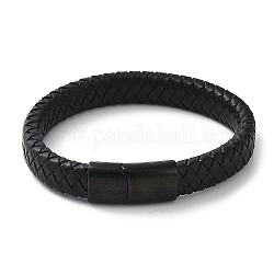 Geflochtenen Lederband Armbänder, 304 mit Edelstahl Magnetschließen, Elektrophorese schwarz, 205x12x6 mm