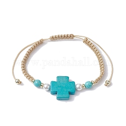 Bracciale con perline intrecciate con croce di turchese sintetico e perle finte, Bracciale regolabile, diametro interno: 2-3/8~3-3/4 pollice (6~9.5 cm)