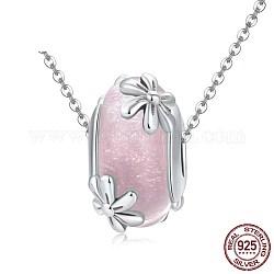 925 Sterling Silber Zirkonia europäischen Perlen, Großloch perlen, flach rund mit Blume, rosa, Platin Farbe