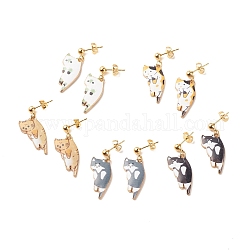 Boucles d'oreilles chat en alliage avec émail, bijoux en acier inoxydable plaqué or 304 pour femme, couleur mixte, 33mm, pin: 0.7 mm