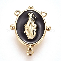 Maillons de composant de lustre en laiton plaqué or, avec l'émail, ovale avec la Vierge Marie, noir, 17.5x13x2mm, Trou: 0.8mm