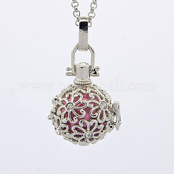 Platinum Brass Rhinestone Cage Pendants, Chime Ball Pendants, Flower, with Brass Spray Painted Bell Beads, Pearl Pink, 29x23x22mm, Hole: 3x5mm, Bell: 16mm