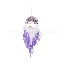 Toile/filet tissé en fer avec des décorations de pendentifs en plumes, avec perles en plastique et améthyste, recouvert d'un cordon en cuir, plat et circulaire avec arbre de vie, support violet, 700mm