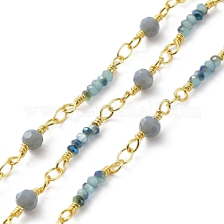 Glas-Unterlegscheibe-Perlenketten, mit echten 18 Karat vergoldeten Messingketten, gelötet, mit Spule, Stahlblau, 12.5x2.5 mm, 13.5x4 mm, ca. 32.81 Fuß (10m)/Rolle