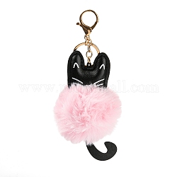 かわいい猫 PU レザー & イミテーション レックス ラビット ファー ボール キーチェーン  合金クラスプ付  バッグの車のキーの装飾用  ピンク  18cm