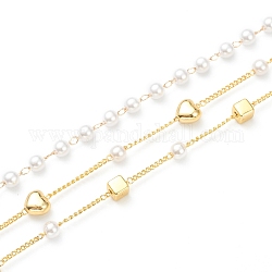 Handgefertigte Perlenkette aus Messing, Panzerketten, mit ccb-Kunststoffimitat-Perlenperle & Messingherz und quadratischen Perlen, langlebig plattiert, gelötet, golden, Perlen: 4~6x4~6x3~4 mm, ca. 3.28 Fuß (1m)/Strang