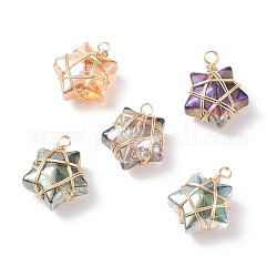 Amuletos de vidrio electrochapado envueltos en alambre, estrella, la luz de oro, 15~16x13x7~7.5mm, agujero: 1.5~2 mm