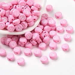 Perline acrilico opaco, foro orizzontale, lettere misti, piatta e rotonda con la lettera, lettere casuali, perla rosa, 7x4mm, Foro: 1.5 mm, circa 3700pcs/500g