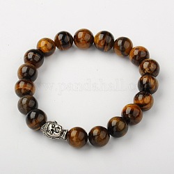 Natural Tiger Eye Stretch Bracelets, Buddhist Bracelets, with Tibetan Style Alloy Buddha Head Beads, Antique Silver, 2-1/8 inch(53mm)