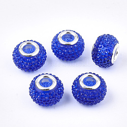 Perline europeo rhinestone di resina, perline con foro grande, con tono platino ottone doppie core, rondelle, perline bacca, blu, 14x10mm, Foro: 5 mm