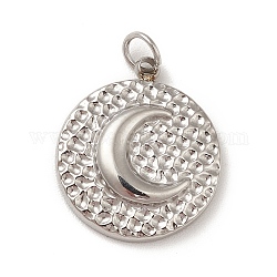 304 charms in acciaio inox, con anello di salto, texture, piatta e rotonda con motivo luna, colore acciaio inossidabile, 14x12x2.5mm, Foro: 2.5 mm