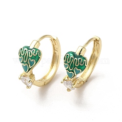 Серьги-кольца в форме сердца из настоящей 18-каратной позолоченной латуни, с эмалью и стекла, зелёные, 19x9 мм