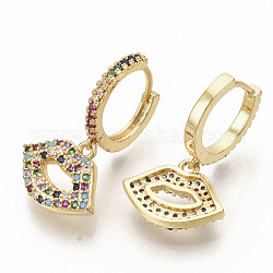 Brass Micro Pave Colorful Cubic Zirconia Dangle Hoop Earrings, Lip, Real 16K Gold Plated, 26mm, Pin: 1x1mm