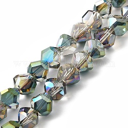 Transparent Electroplate Glass Beads Strands, Faceted, Teardrop, Green Plated, 8~9x8.5~9x8.5~9mm, Hole: 1.5mm, about 50pcs/strand, 16.69''(42.4cm)