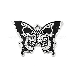 Halloween-Legierung Emaille-Anhänger, Schmetterling mit Totenkopf-Anhänger, Platin Farbe, Schwarz, 20x27.5x1 mm, Bohrung: 1.8 mm