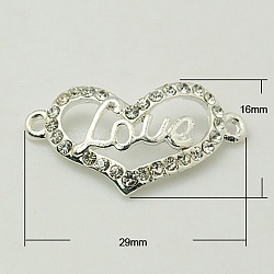 Silver Tone Alloy Grade A Crystal Rhinestone Heart Links, for Valentine's Day, 16x29x2.5mm, Hole: 2mm