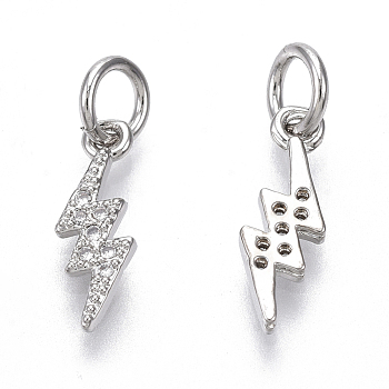 Ottone micro spianare fascino zirconi, con anello di salto, nichel libero, fulmine, chiaro, Vero platino placcato, 13x4.5x1.5mm, Foro: 3 mm
