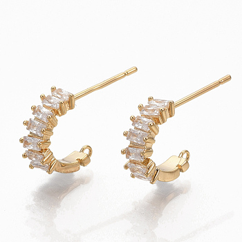 Brass Clear Cubic Zirconia Stud Earring Findings, Half Hoop Earrings, with Loop, Nickel Free, Real 18K Gold Plated, 19x12x4mm, Hole: 1mm, Pin: 0.8mm