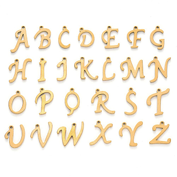 Vakuumbeschichtung 201 Charms aus Edelstahl, Alphabet, Laserschnitt, golden, Buchstabe a ~ z, 10~14.5x4~14x1 mm, Bohrung: 1 mm, 26 Stück / Set.