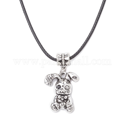 Женские ожерелья из вощеного шнура с подвеской в виде кролика из сплава с черным стеклом NJEW-JN05540-1