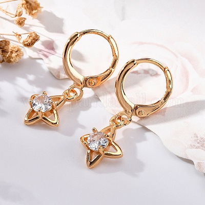 Серьги с застежкой-защелкой из латуни с прозрачным фианитом и прозрачным фианитом EJEW-K300-44G-1